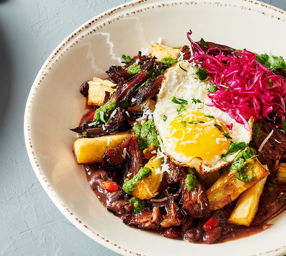 Vaca Frita With Yuca Poutine and Black Beans